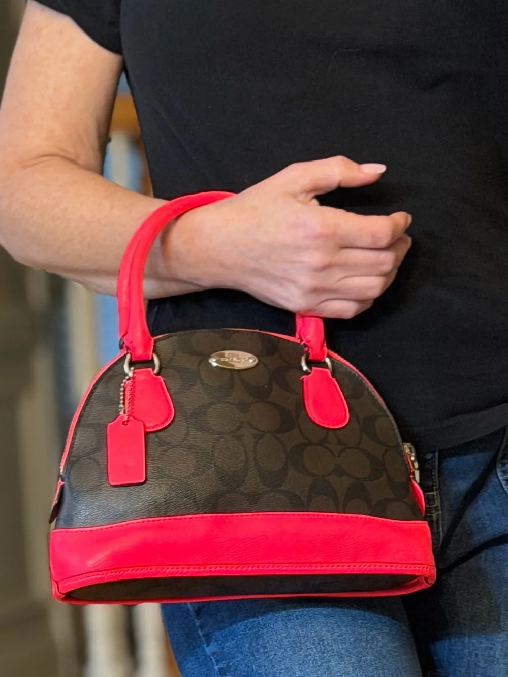 Coach Barbiecore 2014 Mini Cora Domed Satchel Brown Canvas Neon Pink